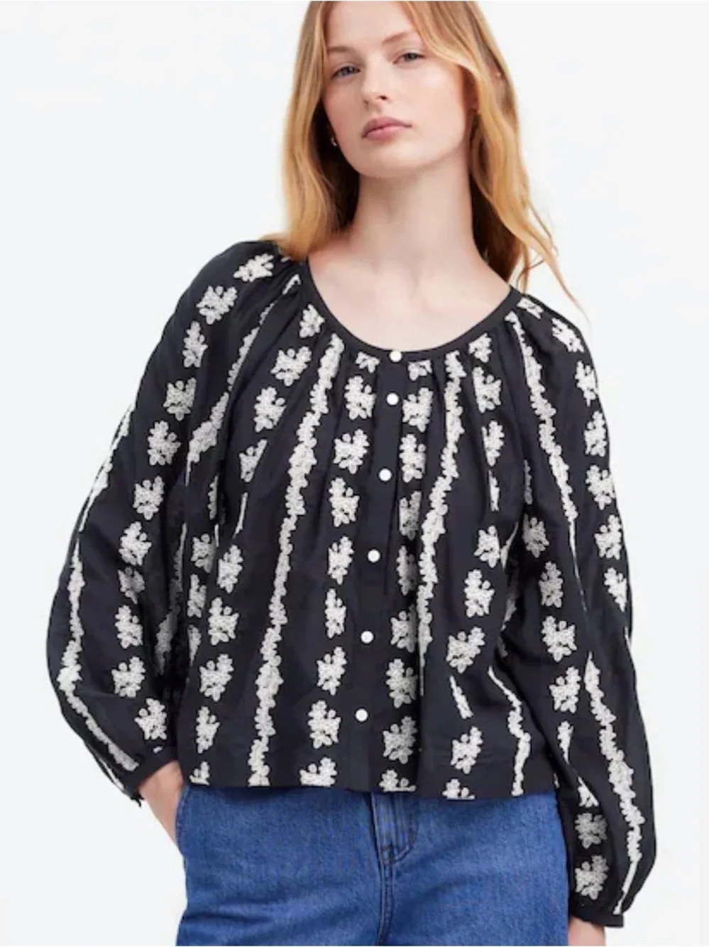 Madewell Embroidered Puff Sleeve A-Line Top Size S Black and White